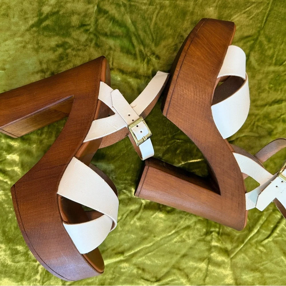 ASOS White Leather Platform Heels with Wood-Look Block